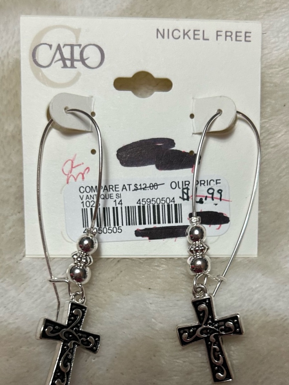 Cato Silver-Tone Cross Drop Earrings with Black Enamel Detail